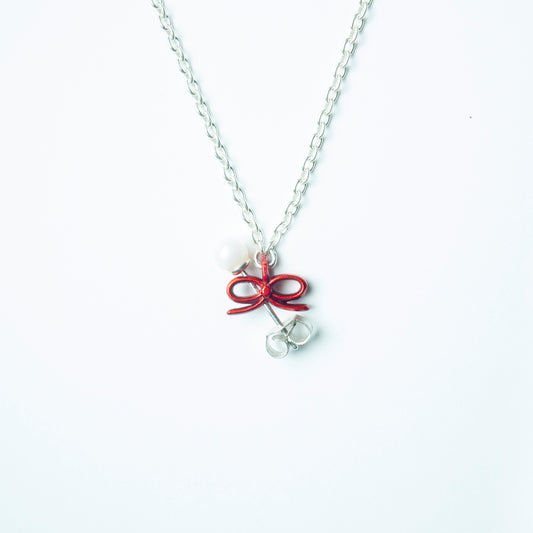 "Through the Ribbon -Pearl-" - Necklace & Pierce
